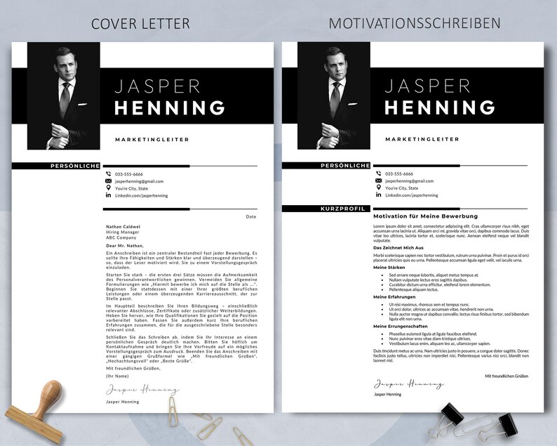 May include: A monochrome resume template featuring "Jasper Henning" and the job title "Marketingleiter". The design includes a photograph, contact details, and sections for personal information and a cover letter.
