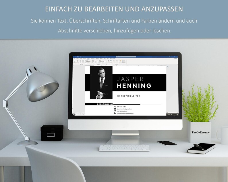 May include: A computer monitor shows a resume template with the name "JASPER HENNING" in bold text. The resume includes a photo and contact details. The text "EINFACH ZU BEARBEITEN UND ANZUPASSEN" is visible at the top. A desk lamp and a small plant are also visible.