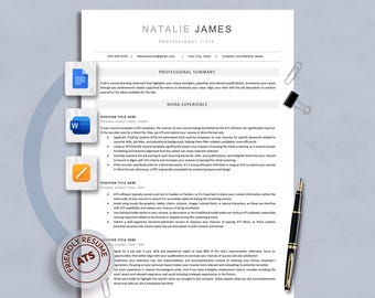 May include: A resume template with the name "NATALIE JAMES" at the top. The document includes sections for a professional summary and work experience. A pen, paper clips, and document icons are also visible.