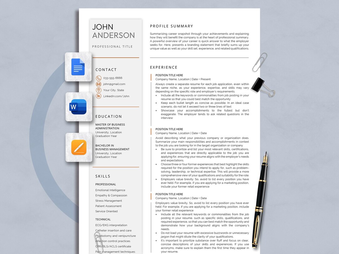 Resume & Cover Letter Bundle Template One and Two Page for Microsoft ...