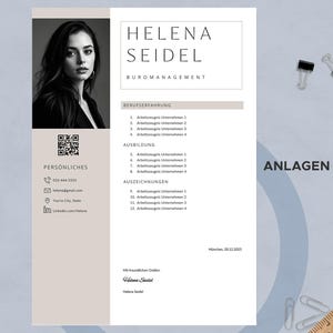 Puede incluir: Una plantilla de curr&iacute;culum profesional con una foto de una mujer, el nombre "Helena Seidel" y el t&iacute;tulo "Buromanagement". El curr&iacute;culum incluye secciones para la experiencia laboral, la educaci&oacute;n y los premios, junto con la informaci&oacute;n de contacto y un c&oacute;digo QR.