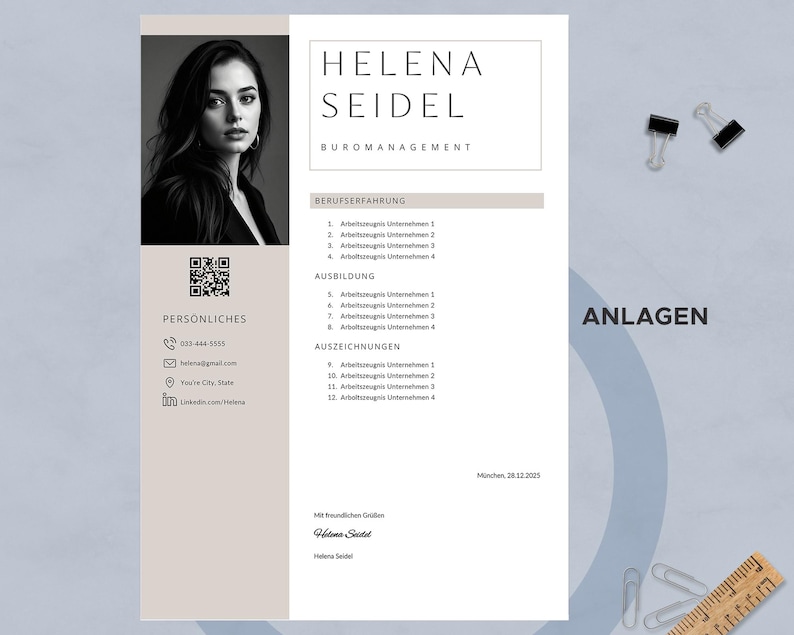 Puede incluir: Una plantilla de curr&iacute;culum profesional con una foto de una mujer, el nombre "Helena Seidel" y el t&iacute;tulo "Buromanagement". El curr&iacute;culum incluye secciones para la experiencia laboral, la educaci&oacute;n y los premios, junto con la informaci&oacute;n de contacto y un c&oacute;digo QR.