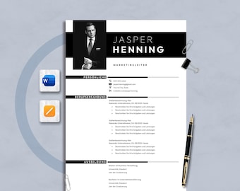 May include: A black and white resume template with the name "JASPER HENNING" at the top. The resume includes a professional headshot, contact information, and sections for work experience and education. A black pen and paperclips are on the side.