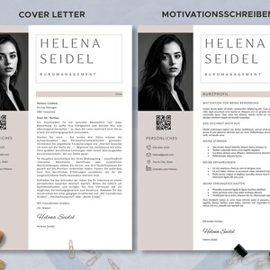 Puede incluir: Una plantilla de curr&iacute;culum profesional con una foto de una mujer, con el nombre "Helena Seidel" y el t&iacute;tulo "B&uuml;romanagement". El dise&ntilde;o incluye secciones para una carta de presentaci&oacute;n y una carta de motivaci&oacute;n, con datos de contacto y c&oacute;digos QR.