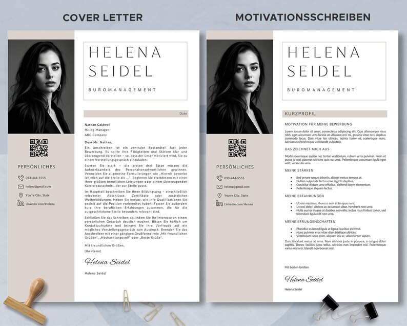 Puede incluir: Una plantilla de curr&iacute;culum profesional con una foto de una mujer, con el nombre "Helena Seidel" y el t&iacute;tulo "B&uuml;romanagement". El dise&ntilde;o incluye secciones para una carta de presentaci&oacute;n y una carta de motivaci&oacute;n, con datos de contacto y c&oacute;digos QR.