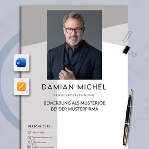 May include: A resume template with a professional headshot of a man wearing glasses and a dark suit. The name "DAMIAN MICHEL" is displayed prominently, along with the text "BEWERBUNG ALS MUSTERJOB BEI DER MUSTERFIRMA". A black pen and paperclips are also visible.