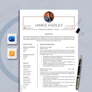 May include: A professional resume template with a headshot, name, and professional title. The resume includes sections for summary, education, work experience, and skills. The design is clean and modern, with a focus on readability.
