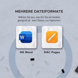 K&ouml;nnte beinhalten: Ein Bild mit dem Text "MEHRERE DATEIFORMATE" und den Logos "MS Word" und "MAC Pages" auf hellgrauem Hintergrund. Das MS Word-Symbol ist blau und das MAC Pages-Symbol ist orange. Das Bild enth&auml;lt auch eine kleine Tastatur, eine Sukkulente und B&uuml;roklammern.