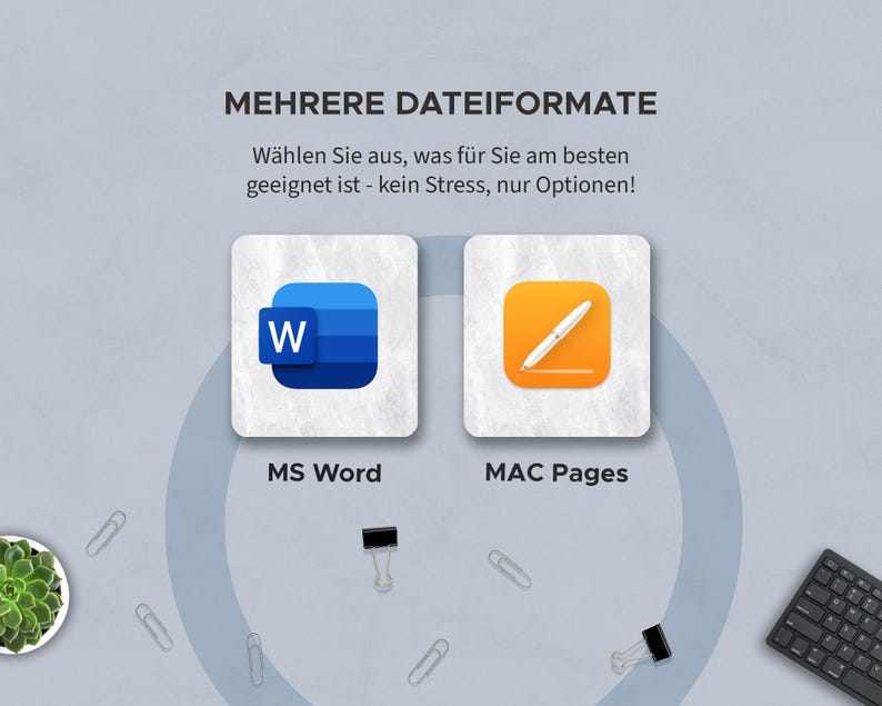 K&ouml;nnte beinhalten: Ein Bild mit dem Text "MEHRERE DATEIFORMATE" und den Logos "MS Word" und "MAC Pages" auf hellgrauem Hintergrund. Das MS Word-Symbol ist blau und das MAC Pages-Symbol ist orange. Das Bild enth&auml;lt auch eine kleine Tastatur, eine Sukkulente und B&uuml;roklammern.