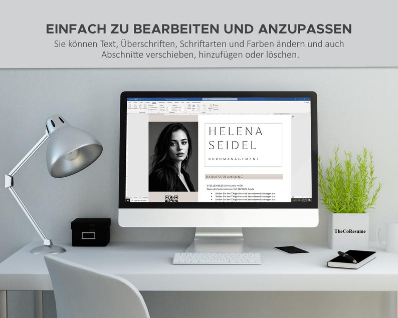 Puede incluir: Un monitor de ordenador muestra una plantilla de curr&iacute;culum con el nombre "Helena Seidel" y el t&iacute;tulo "B&uuml;romanagement". El texto "Einfach zu bearbeiten und anzupassen" est&aacute; en la parte superior. Tambi&eacute;n se ven una l&aacute;mpara de escritorio, una peque&ntilde;a caja negra y una planta.