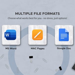 Puede incluir: Imagen que muestra opciones de formatos de archivo m&uacute;ltiples: MS Word, MAC Pages y Google Doc, cada uno representado por su icono. El texto dice "MULTIPLE FILE FORMATS" y "Choose what works best for you - no stress, just options!"