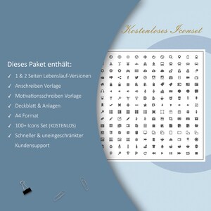 K&ouml;nnte beinhalten: Eine digitale Grafik mit dem Text "Kostenloses Iconset" und einer Liste der enthaltenen Elemente. Die Liste umfasst Lebenslaufversionen, Anschreiben-Vorlagen und &uuml;ber 100 Icons. Der Hintergrund ist ein Farbverlauf aus Blau und Wei&szlig;.