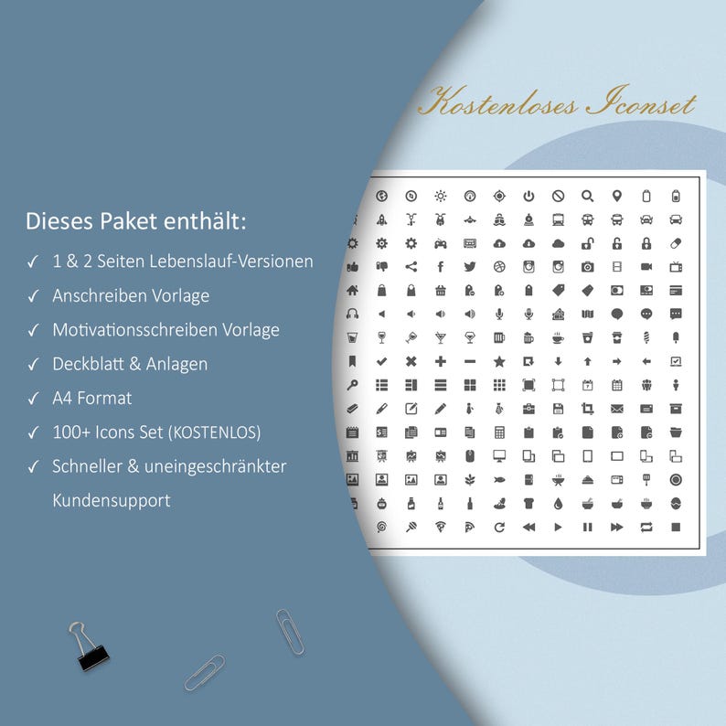 K&ouml;nnte beinhalten: Eine digitale Grafik mit dem Text "Kostenloses Iconset" und einer Liste der enthaltenen Elemente. Die Liste umfasst Lebenslaufversionen, Anschreiben-Vorlagen und &uuml;ber 100 Icons. Der Hintergrund ist ein Farbverlauf aus Blau und Wei&szlig;.
