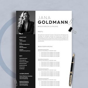 Może przedstawiać: Profesjonalny szablon CV w czarno-białej szacie graficznej. CV zawiera zdjęcie, dane kontaktowe oraz sekcje dotyczące doświadczenia i wykształcenia. Widoczny jest również czarno-złoty długopis i spinacze.