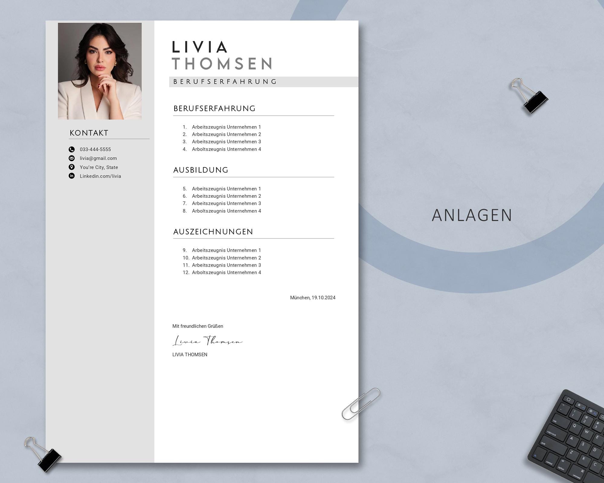 German CV Template Word: Modern Resume Design, Cover Letter (A4 Instant ...