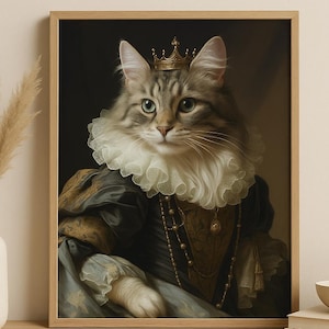 Royal Cat Portrait Printable | Baroque Pet Wall Art | Funny Regal Cat in Crown | Digital Download Animal Print | Elegant Cat Decor