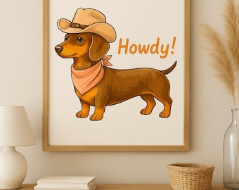 Cowboy Dachshund Art Print | Cute Western Dog Wall Decor | Printable Howdy Sausage Dog Poster | A4 Digital Download