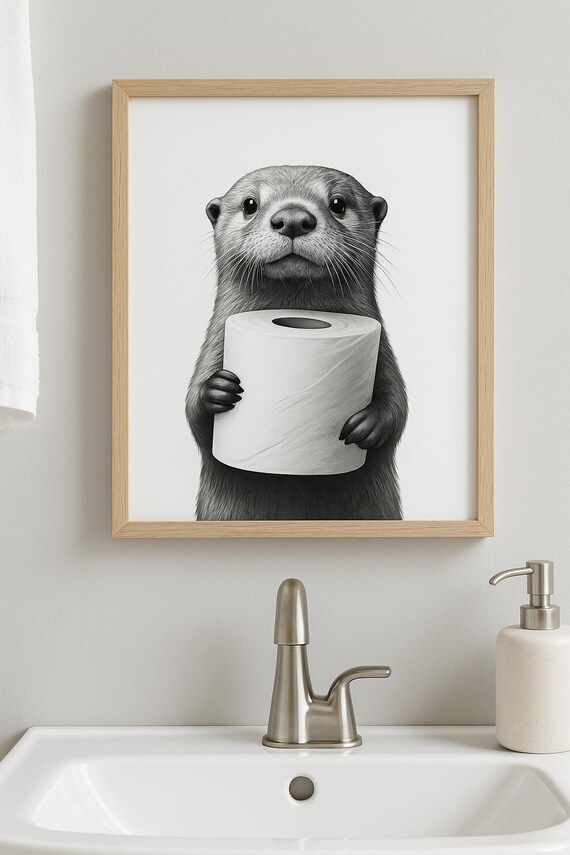 Funny Otter Canvas Wall Art Holding Toilet Paper, Framed Or - View #3