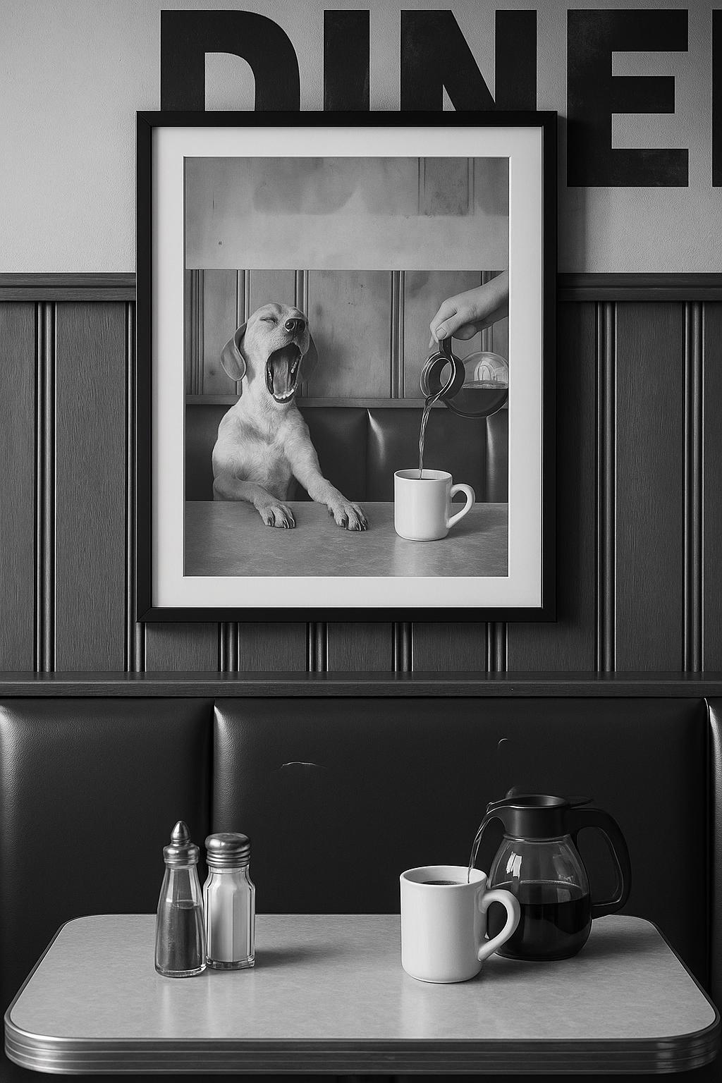 Yawning Dog Coffee Print – Funny Diner Wall Art, Black and White Dog ...