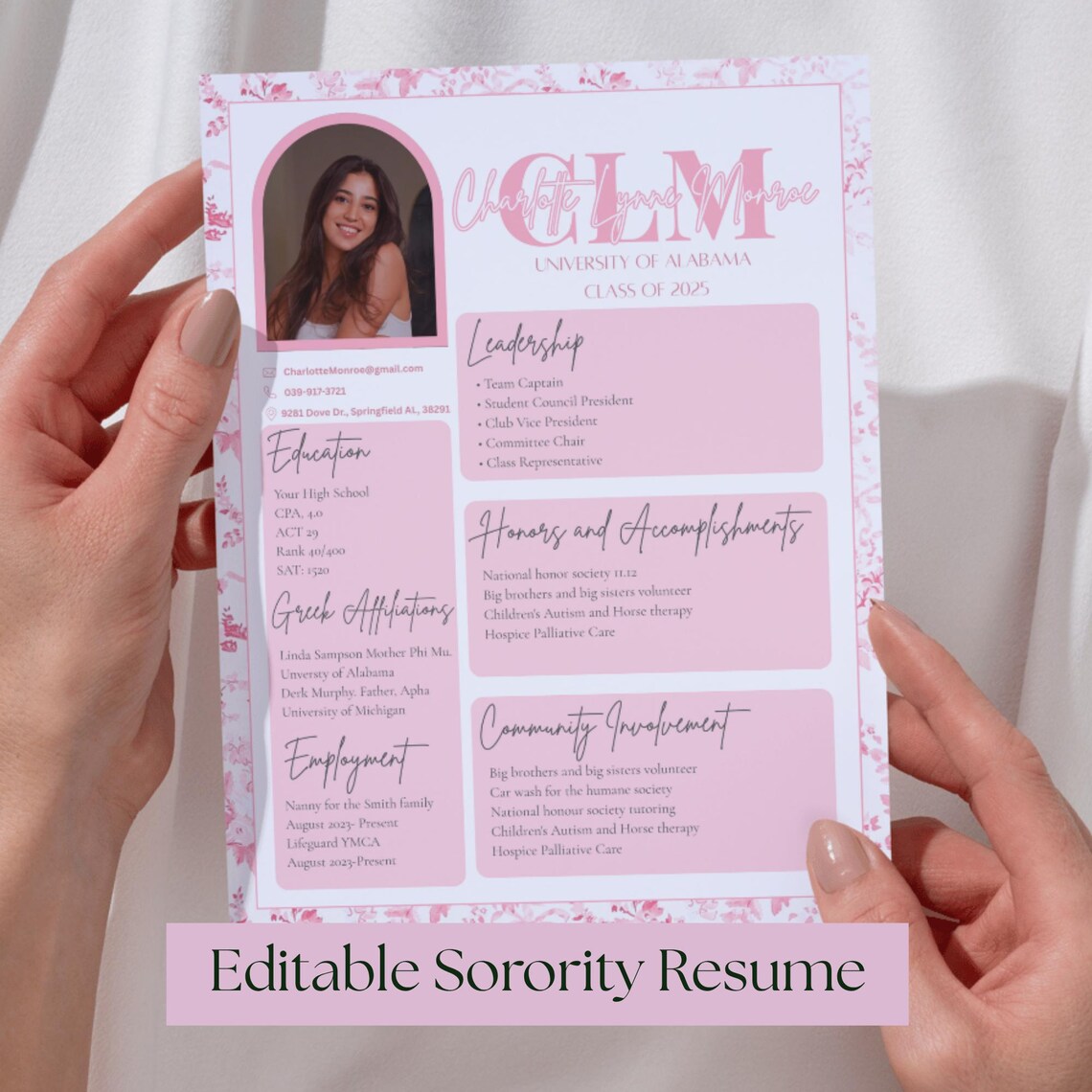 Sorority Recruitment Resume Template Pink Floral, Editable Canva