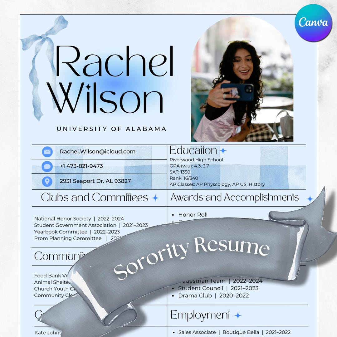 Blue Sorority Resume Template Canva Rush Letter With Bow (editable