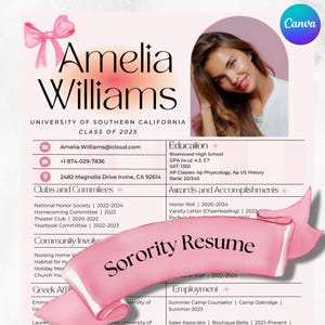 Sorority Rush Resume Template – Canva Editable Packet – Pink Recruitment Letter – Greek Life Resume 2025