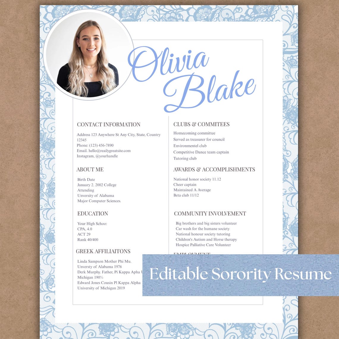 Blue Sorority Resume Template Editable Canva Recruitment Packet (PDF