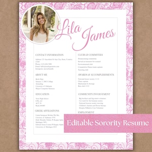 Sorority Template + Letterhead Modern | Pink Editable Rush Packet | Sorority Application Resume for Recruitment | Sorority Resume Template
