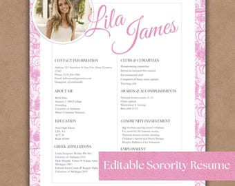 Sorority Lebenslauf Vorlage | Rosa bearbeitbares Rush-Paket (Canva)