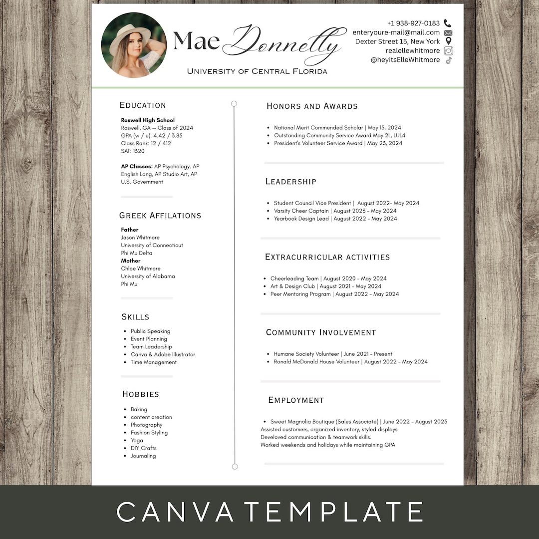 Sorority Resume Template for Recruitment Pastel Green Canva Editable