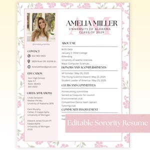 Sorority Rush Resume Template Pink Canva Editable Packet | Letter Head | Recruitment Resume | Greek Life PDF | Pink Floral Sorority Template