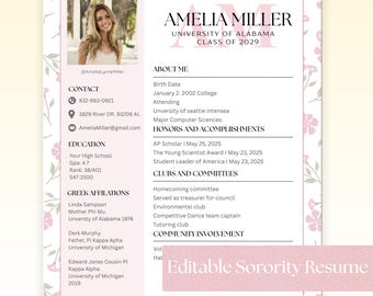 Pink Floral Sorority Rush Resume Template | Editable Canva Design (PDF)