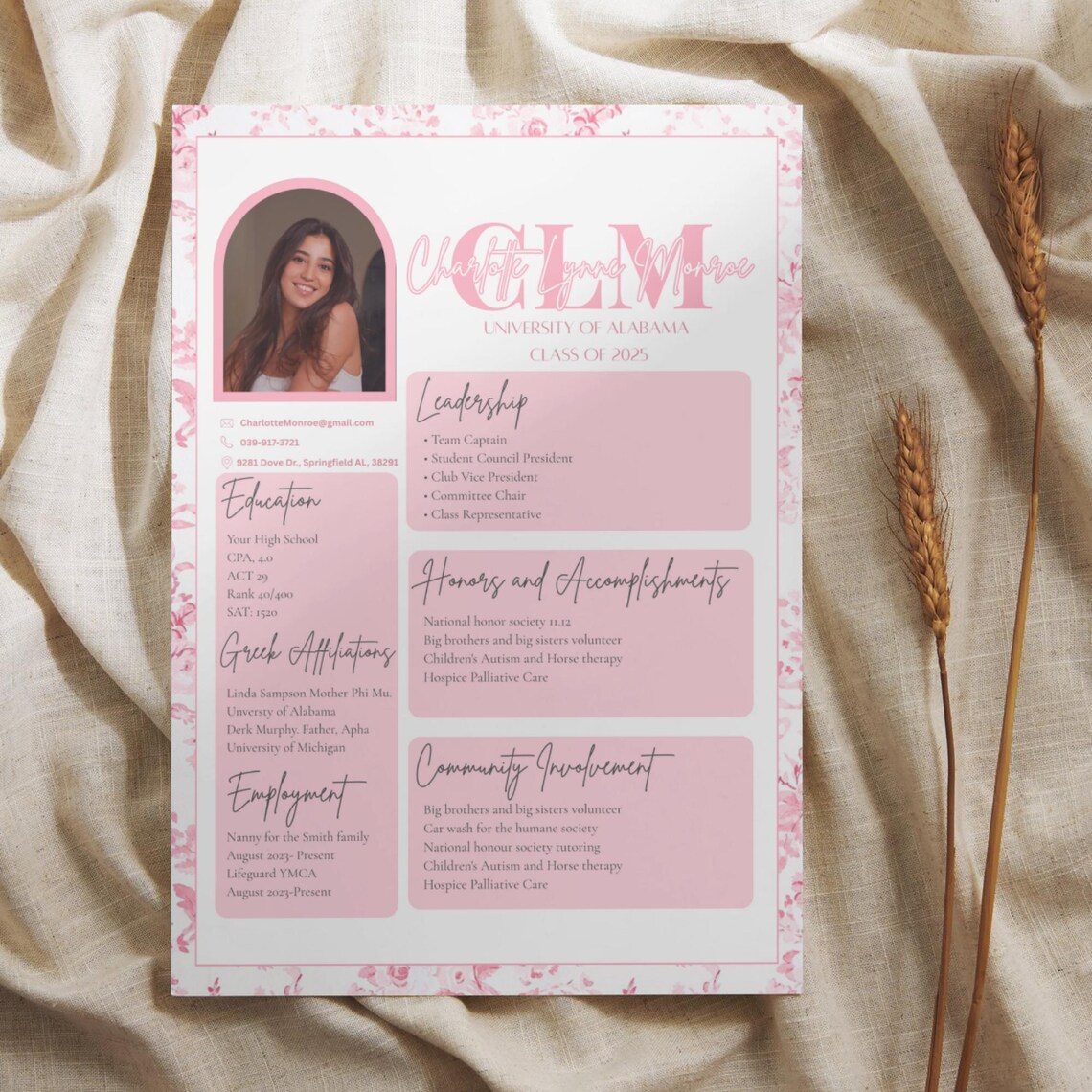 Sorority Recruitment Resume Template Pink Floral, Editable Canva