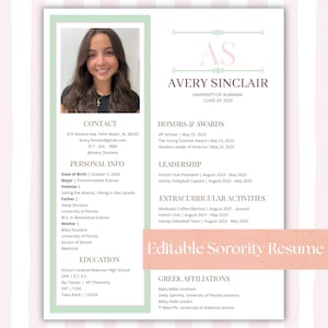 Plantilla de currículum para hermandad / Paquete urgente de Canva rosa + carta de presentación / Currículum con foto de la vida griega editable - Descarga digital instantánea / Currículum urgente