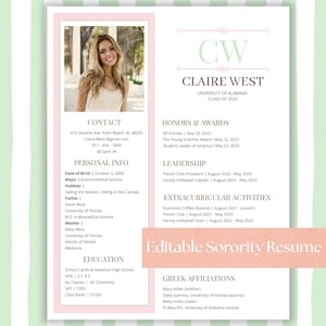 Sorority Resume Template | Pastel Pink Rush Packet | Canva Photo Resume + Cover Letter | Editable Greek Life Recruitment PDF