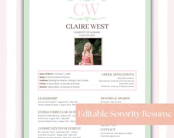 Rosa Sorority Lebenslauf Vorlage | Canva Rush Packet + Anschreiben (Digitaler Download)