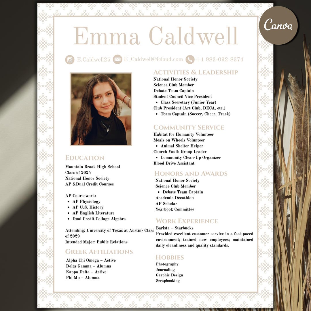 Sorority Recruitment Resume Template Editable Canva, Beige Theme