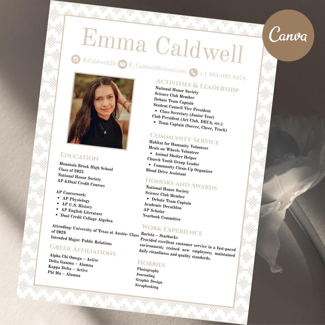 Sorority Recruitment Resume Template Editable Canva, Beige Theme