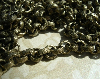 Chain Vintage Style Embossed pattern Chunky repurposing chain 6mm sturdy ROLO Antique brass plating