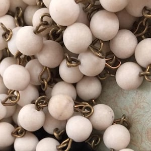 Chain I253 Chain linked beaded handmade rosary Creamy Matte jasper gemstones 8mm antique brass wire USA MADE Linked