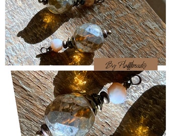 Dangle I121 LIMITED edition Vintage Style 12mm pendant dangle drops 2 pcs. MARRON faceted European glass beads with antique brass bead caps