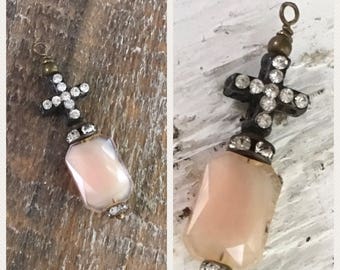 I76 Italian Flea market Vintage Style rustic silver patina wire wrapped  drop peach pink milk glass Cross crystal pave Rhinestone