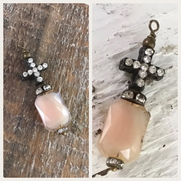 I76 Italian Flea market Vintage Style rustic silver patina wire wrapped  drop peach pink milk glass Cross crystal pave Rhinestone