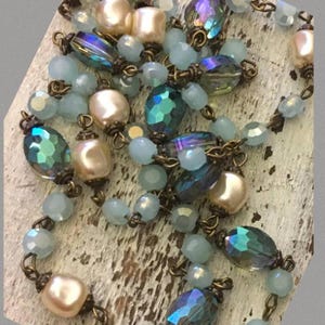 Chain French Style Finery Baroque pearls shades of teal Crystal Beads Linked