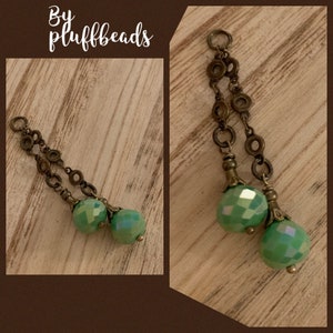 Dangle I835 Double drop dangle Vintage Style Wire wrapped capped dangle charm Retro green milk glass  faceted crystal drops on chain