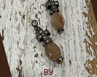 Dangle NEW mini Italian Flea market Style rustic patina wire wrapped Dangle  drop MOCHA APRICOT Cross crystal pave Rhinestone