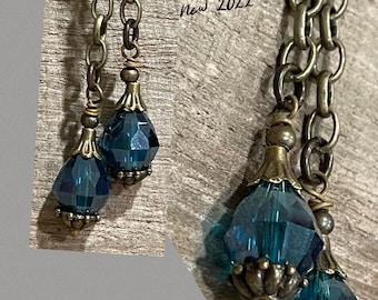 Dangle Double drop dangle Vintage Style Wire wrapped capped dangle charm Deep SAPPHIRE blue faceted crystal drops on chain