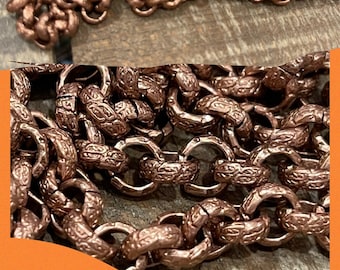 Chain Vintage Style Antique COPPER plated embossed pattern Chunky repurposing chain 6mm sturdy ROLO