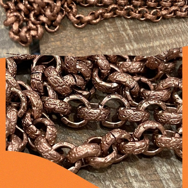 Chain Vintage Style Antique COPPER plated embossed pattern Chunky repurposing chain 6mm sturdy ROLO