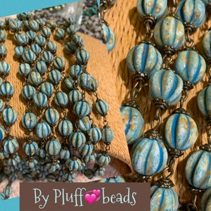 Kette Handgefertigte Glasperlen MAROKKANISCHE BOHO TURQUOISE 10 mm Perlenkette Gliederkette geriffelt
